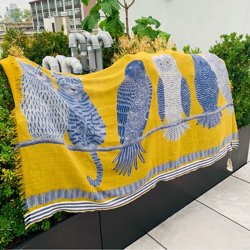 Inouïtoosh Wool Mustard Owl Cat Fringed Blanket Scarf Dupatta